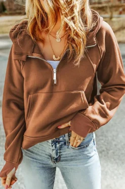 Discount Dear-Lover Quarter Zip Kangaroo Pocket Hoodie Brown