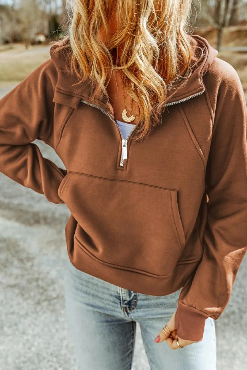 Discount Dear-Lover Quarter Zip Kangaroo Pocket Hoodie Brown