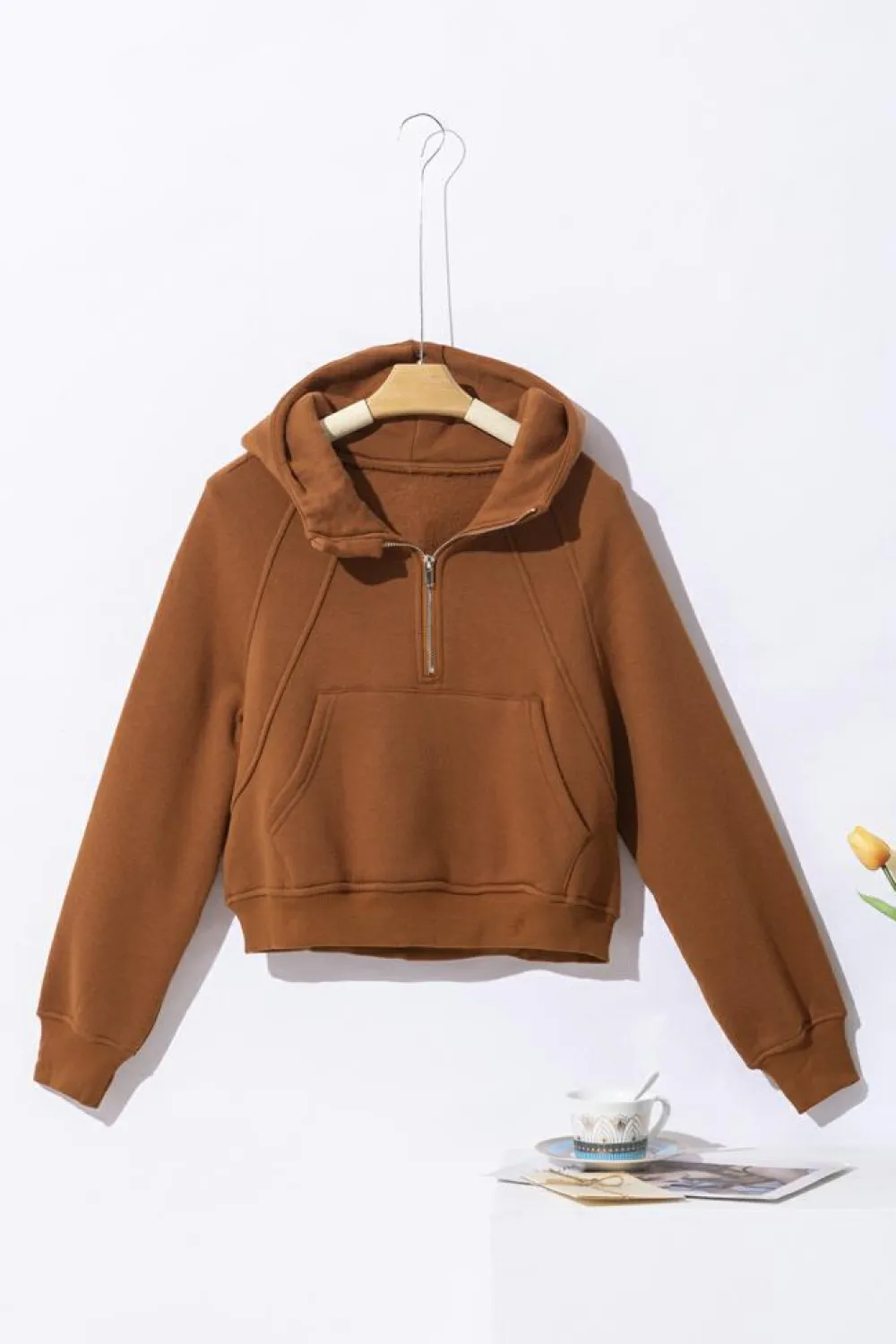 Discount Dear-Lover Quarter Zip Kangaroo Pocket Hoodie Brown