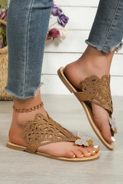 New Dear-Lover Rhinestone Hollow Out Butterfly Open Toe Slippers Brown