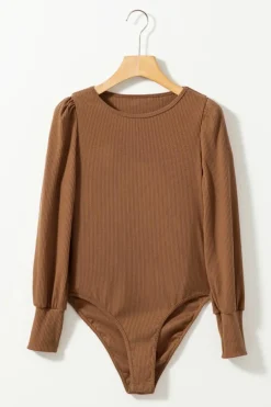 Fashion Dear-Lover Ribbed Balloon Sleeve Bodysuit Brown