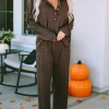 Sale Dear-Lover Ribbed Knit Collared Henley Top and Pants Lounge Outfit Brown