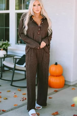 Sale Dear-Lover Ribbed Knit Collared Henley Top and Pants Lounge Outfit Brown