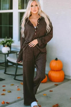 Sale Dear-Lover Ribbed Knit Collared Henley Top and Pants Lounge Outfit Brown