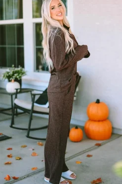 Sale Dear-Lover Ribbed Knit Collared Henley Top and Pants Lounge Outfit Brown