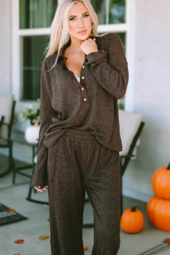 Sale Dear-Lover Ribbed Knit Collared Henley Top and Pants Lounge Outfit Brown