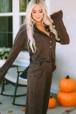Sale Dear-Lover Ribbed Knit Collared Henley Top and Pants Lounge Outfit Brown