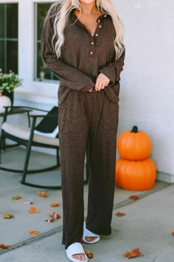 Sale Dear-Lover Ribbed Knit Collared Henley Top and Pants Lounge Outfit Brown
