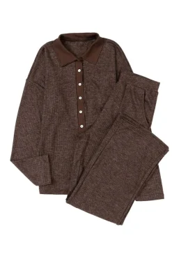 Sale Dear-Lover Ribbed Knit Collared Henley Top and Pants Lounge Outfit Brown