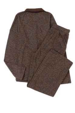 Sale Dear-Lover Ribbed Knit Collared Henley Top and Pants Lounge Outfit Brown