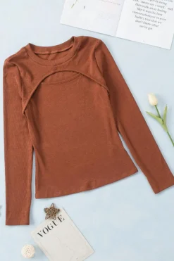 Fashion Dear-Lover Ribbed Peekaboo Cutout Long Sleeve Top Brown