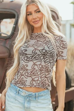 New Dear-Lover Rodeo Print Round Neck Slim Fit Mesh T Shirt Brown