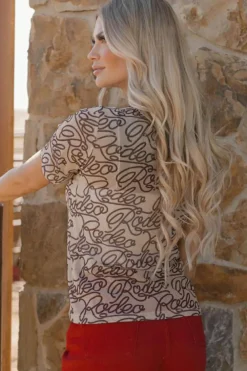 New Dear-Lover Rodeo Print Round Neck Slim Fit Mesh T Shirt Brown