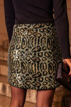 Clearance Dear-Lover Sequined Leopard Print Disco Mini Skirt Brown