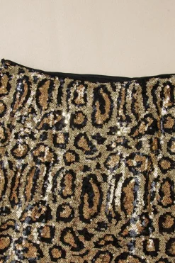 Clearance Dear-Lover Sequined Leopard Print Disco Mini Skirt Brown