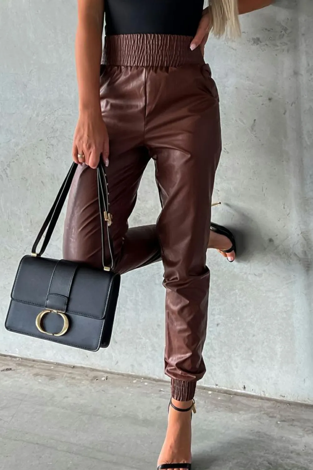 Fashion Dear-Lover Smocked High-Waist Leather Skinny Pants Brown