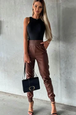 Fashion Dear-Lover Smocked High-Waist Leather Skinny Pants Brown