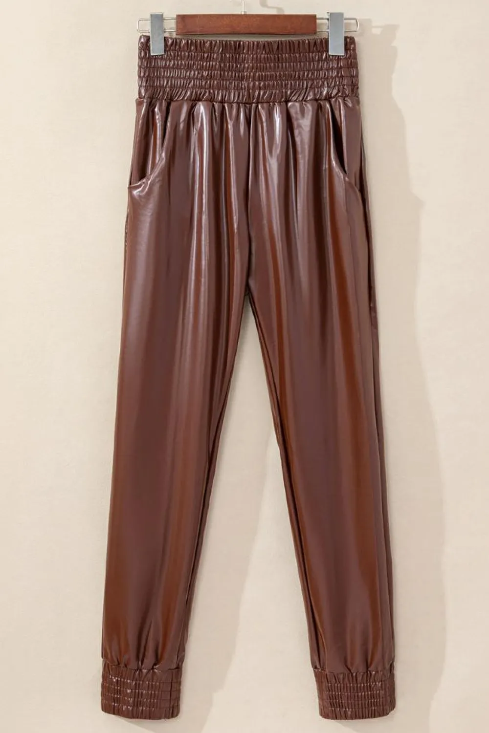Fashion Dear-Lover Smocked High-Waist Leather Skinny Pants Brown