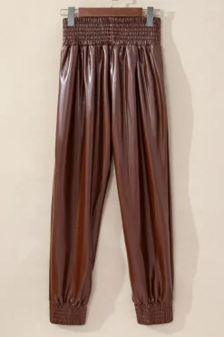 Fashion Dear-Lover Smocked High-Waist Leather Skinny Pants Brown