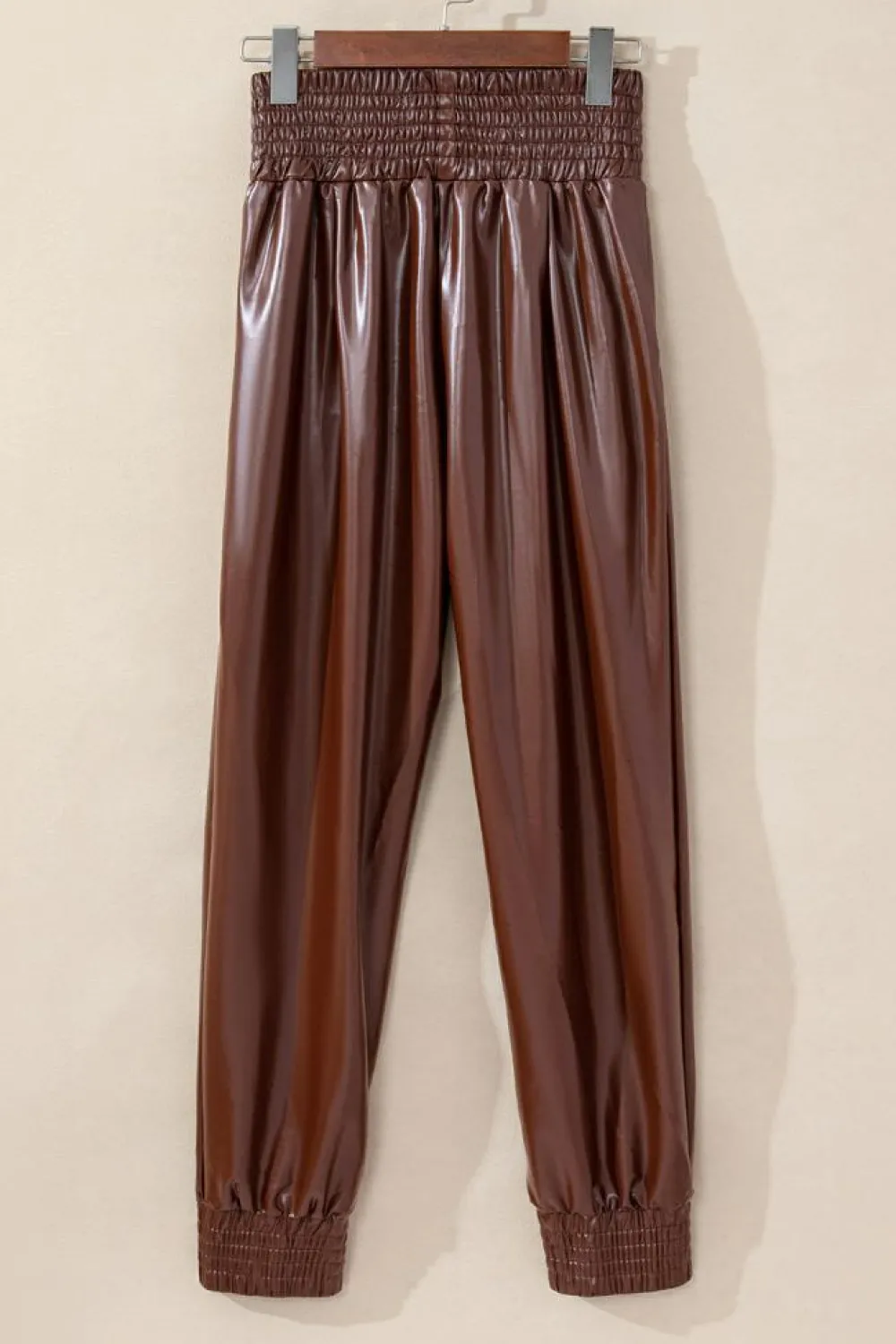 Fashion Dear-Lover Smocked High-Waist Leather Skinny Pants Brown