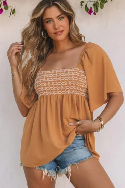 New Dear-Lover Square Neck Wide Sleeves Flowy Top Brown