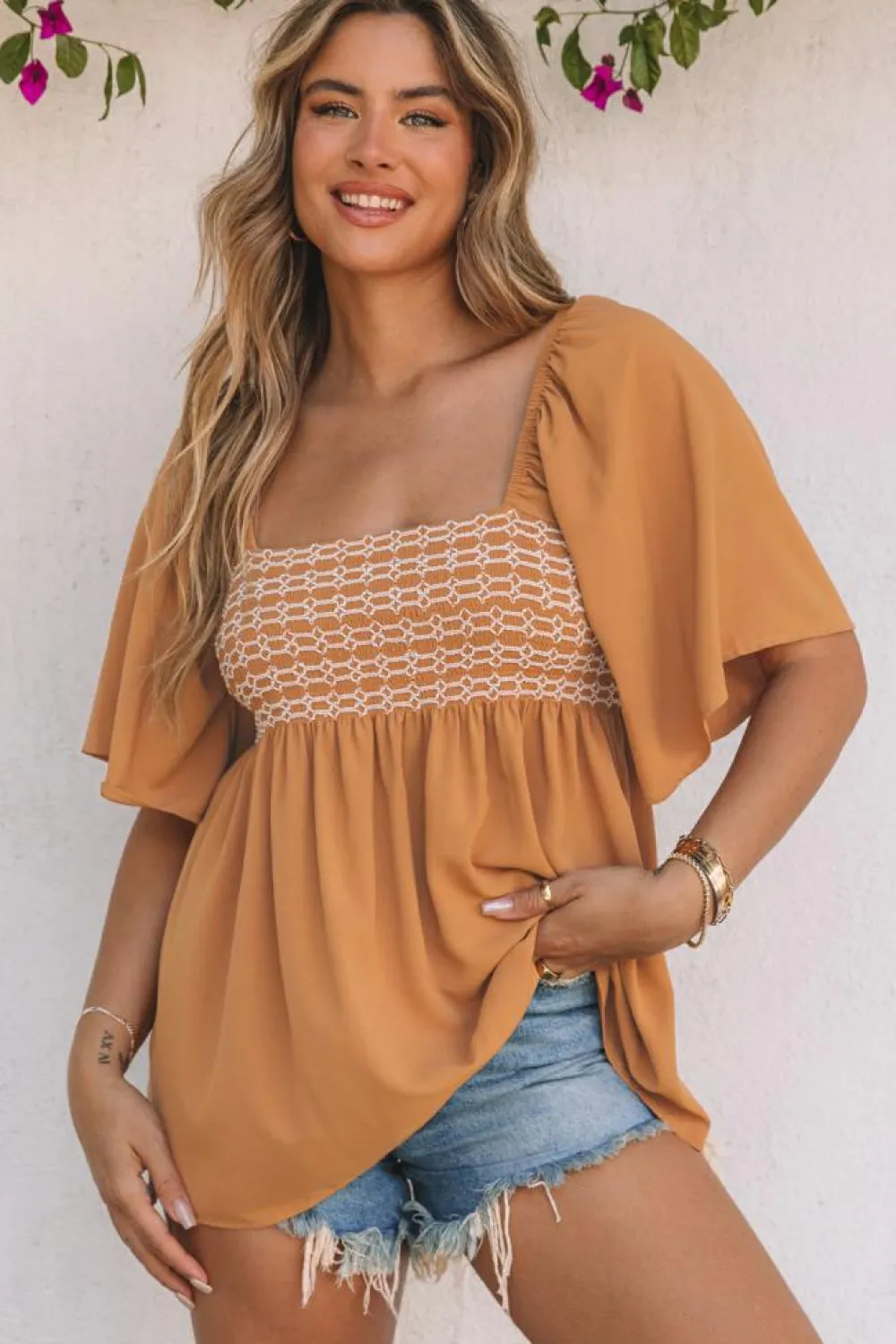 New Dear-Lover Square Neck Wide Sleeves Flowy Top Brown