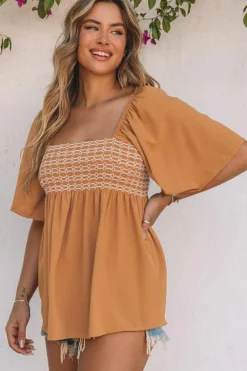 New Dear-Lover Square Neck Wide Sleeves Flowy Top Brown