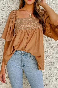 New Dear-Lover Square Neck Wide Sleeves Flowy Top Brown