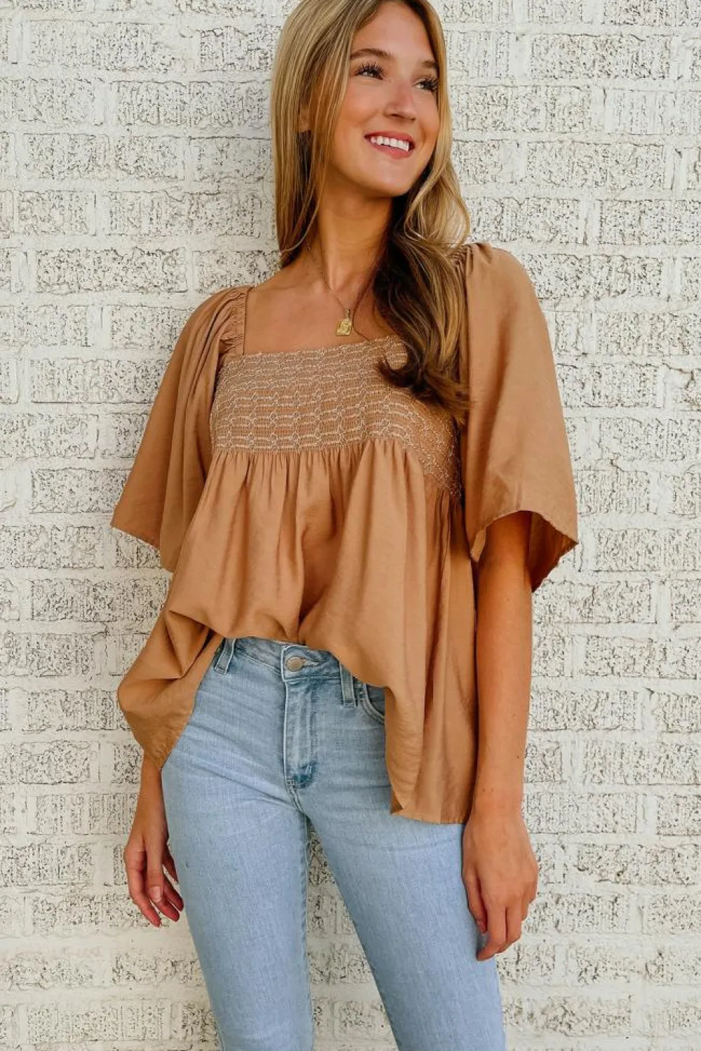New Dear-Lover Square Neck Wide Sleeves Flowy Top Brown