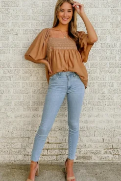 New Dear-Lover Square Neck Wide Sleeves Flowy Top Brown