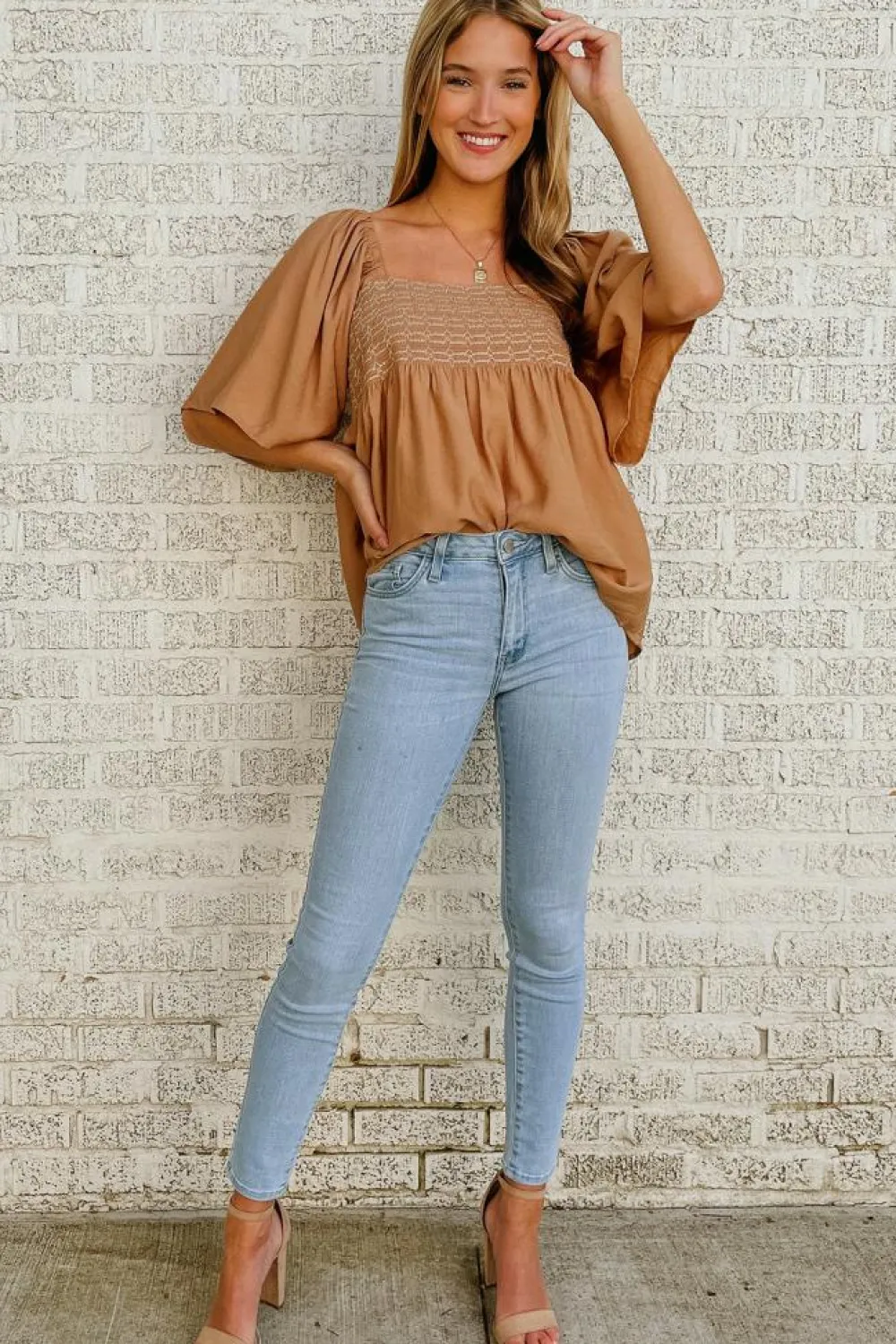 New Dear-Lover Square Neck Wide Sleeves Flowy Top Brown