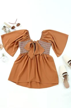 New Dear-Lover Square Neck Wide Sleeves Flowy Top Brown
