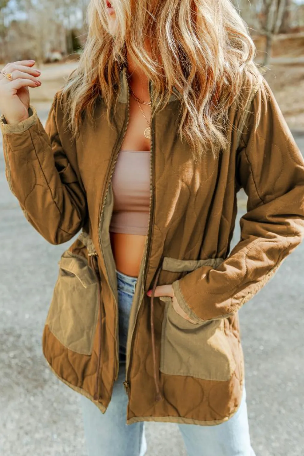 Clearance Dear-Lover Stitching Quilted Drawstring Jacket Brown