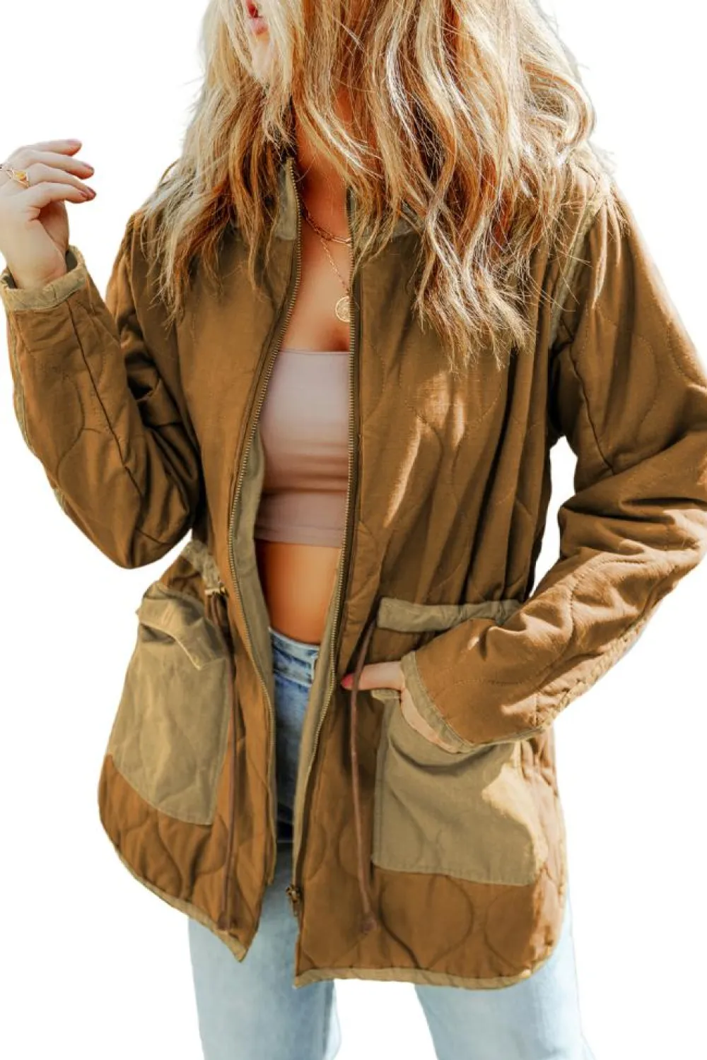 Clearance Dear-Lover Stitching Quilted Drawstring Jacket Brown