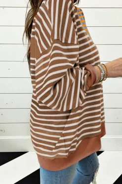 Clearance Dear-Lover Casual Stripe Colorblock Drop Shoulder Oversize Sweatshirt Brown Stripe