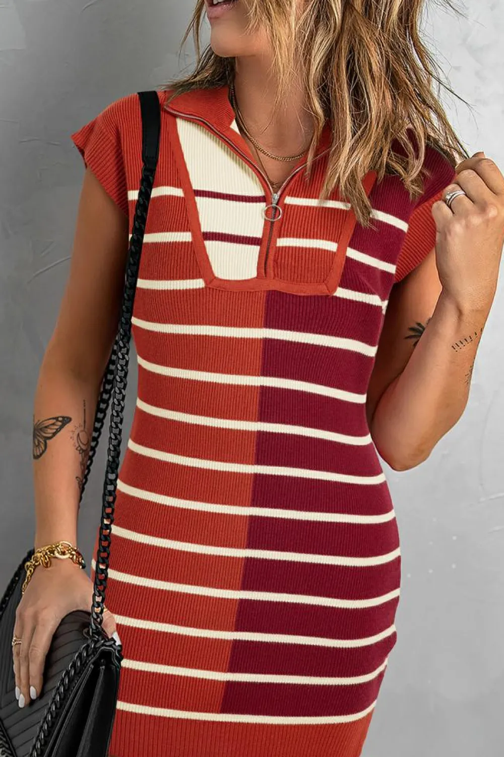 Outlet Dear-Lover Color Block Quarter Zip Collar Short Sleeve Sweater Dress Brown Stripe