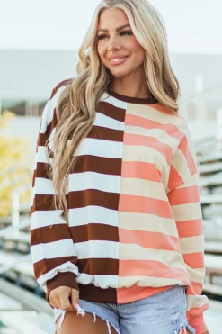 Clearance Dear-Lover Color Block Drop Shoulder Pullover Sweatshirt Brown Stripe