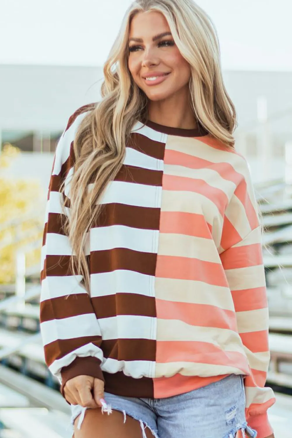 Clearance Dear-Lover Color Block Drop Shoulder Pullover Sweatshirt Brown Stripe