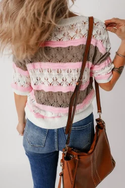 Online Dear-Lover Color Block Hollow Out Crochet Half Sleeve Sweater Brown Stripe
