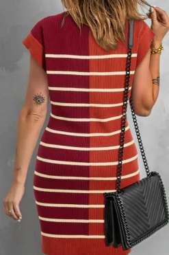 Outlet Dear-Lover Color Block Quarter Zip Collar Short Sleeve Sweater Dress Brown Stripe