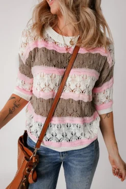 Online Dear-Lover Color Block Hollow Out Crochet Half Sleeve Sweater Brown Stripe