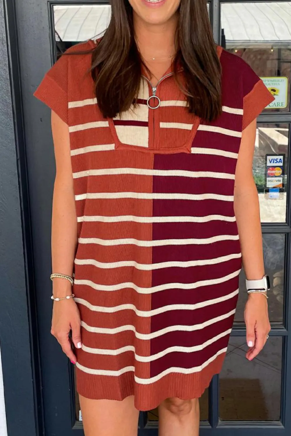 Outlet Dear-Lover Color Block Quarter Zip Collar Short Sleeve Sweater Dress Brown Stripe
