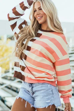 Clearance Dear-Lover Color Block Drop Shoulder Pullover Sweatshirt Brown Stripe