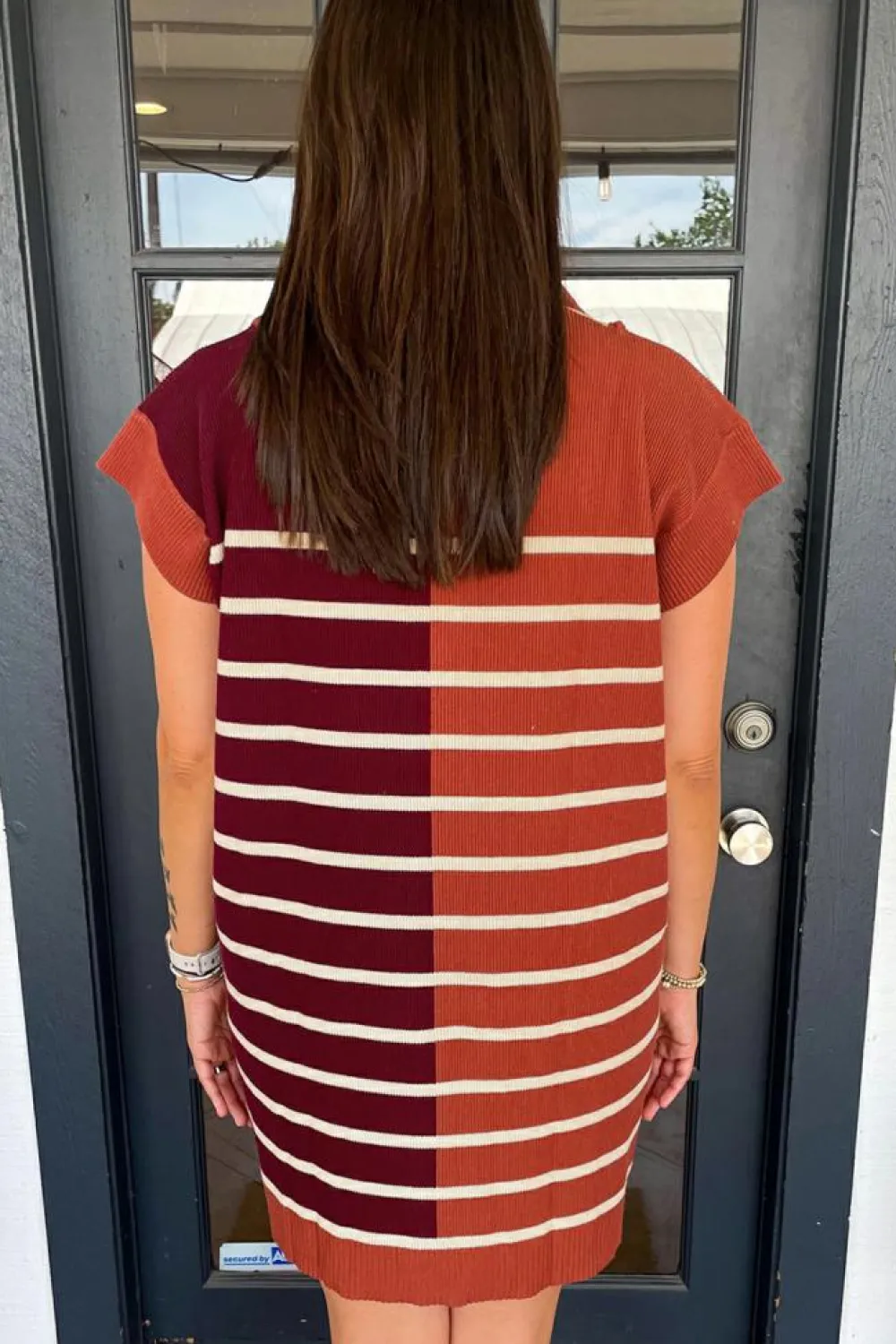 Outlet Dear-Lover Color Block Quarter Zip Collar Short Sleeve Sweater Dress Brown Stripe