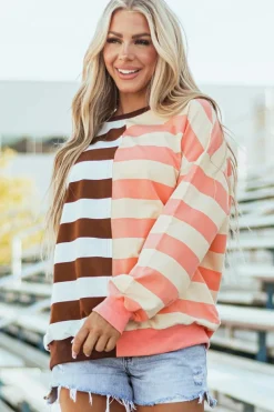 Clearance Dear-Lover Color Block Drop Shoulder Pullover Sweatshirt Brown Stripe