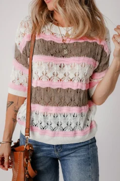 Online Dear-Lover Color Block Hollow Out Crochet Half Sleeve Sweater Brown Stripe