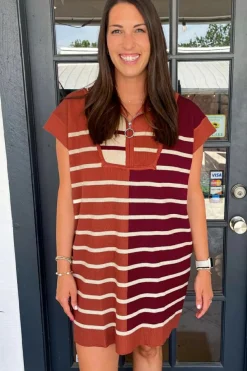 Outlet Dear-Lover Color Block Quarter Zip Collar Short Sleeve Sweater Dress Brown Stripe