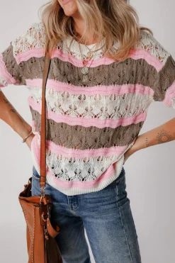 Online Dear-Lover Color Block Hollow Out Crochet Half Sleeve Sweater Brown Stripe