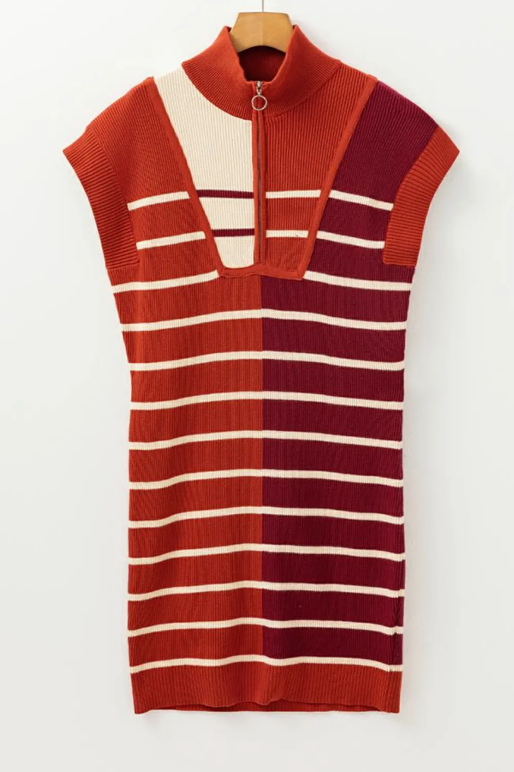 Outlet Dear-Lover Color Block Quarter Zip Collar Short Sleeve Sweater Dress Brown Stripe