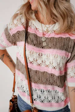 Online Dear-Lover Color Block Hollow Out Crochet Half Sleeve Sweater Brown Stripe